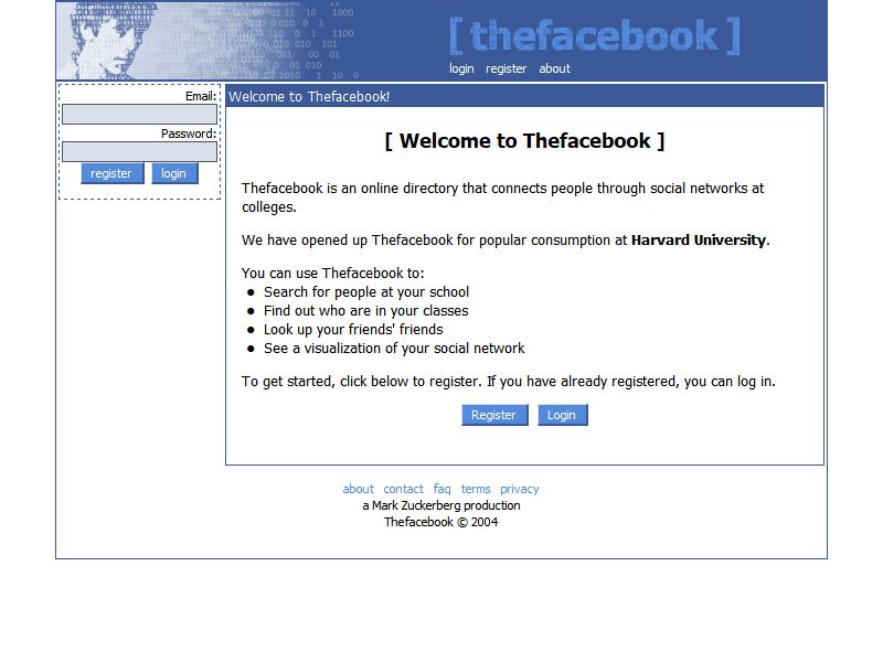 The Facebook early screenshot